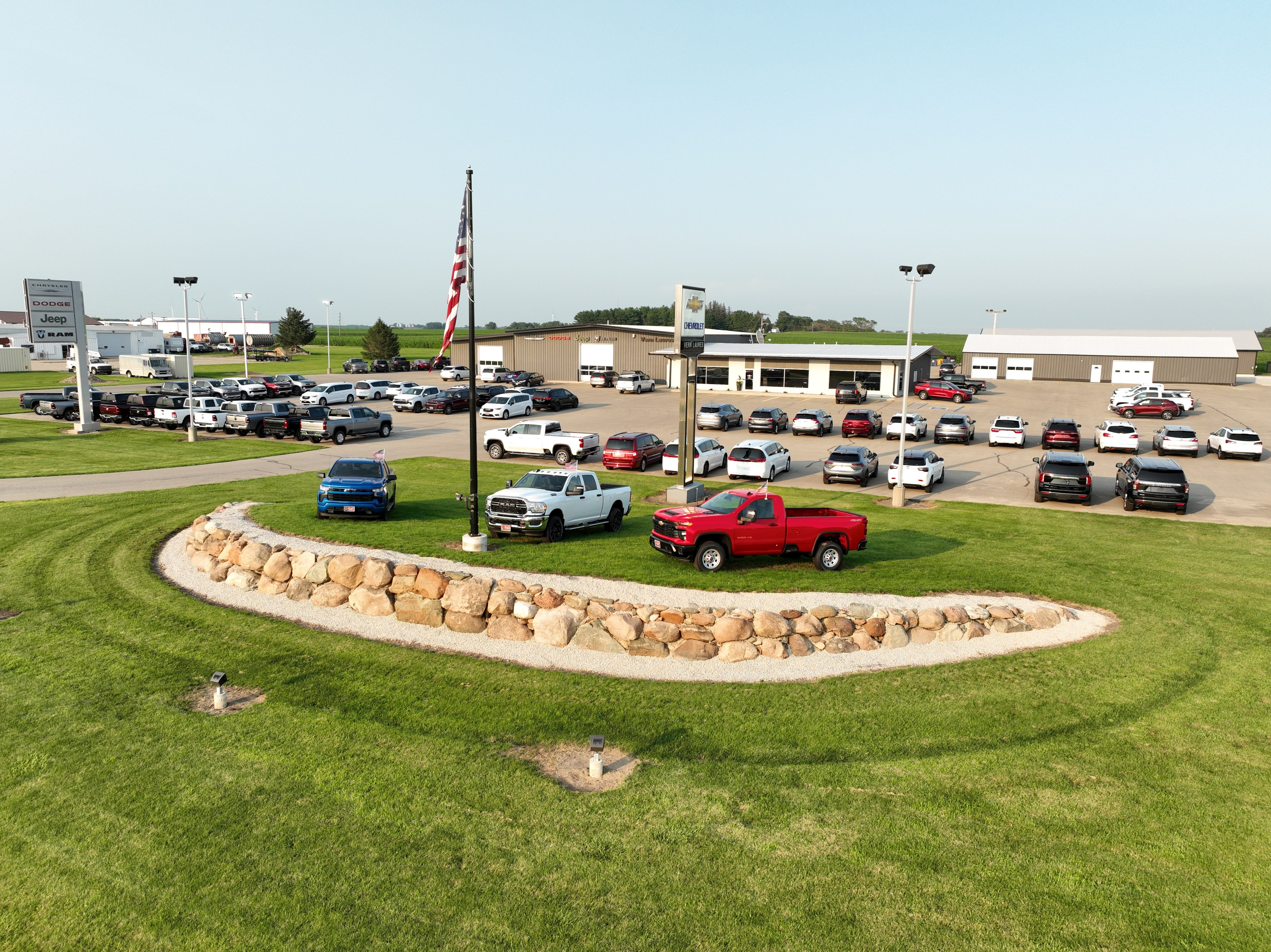 View of used and new vehicle inventory at Vern Laures Auto Center in New Hampton, Iowa