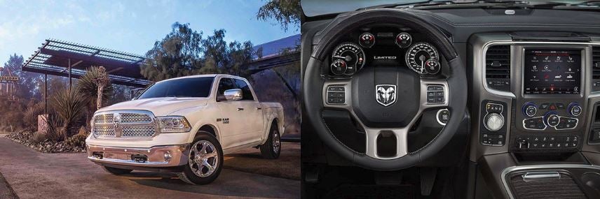 Ram 1500 white exterior and the steering wheel and dashboard